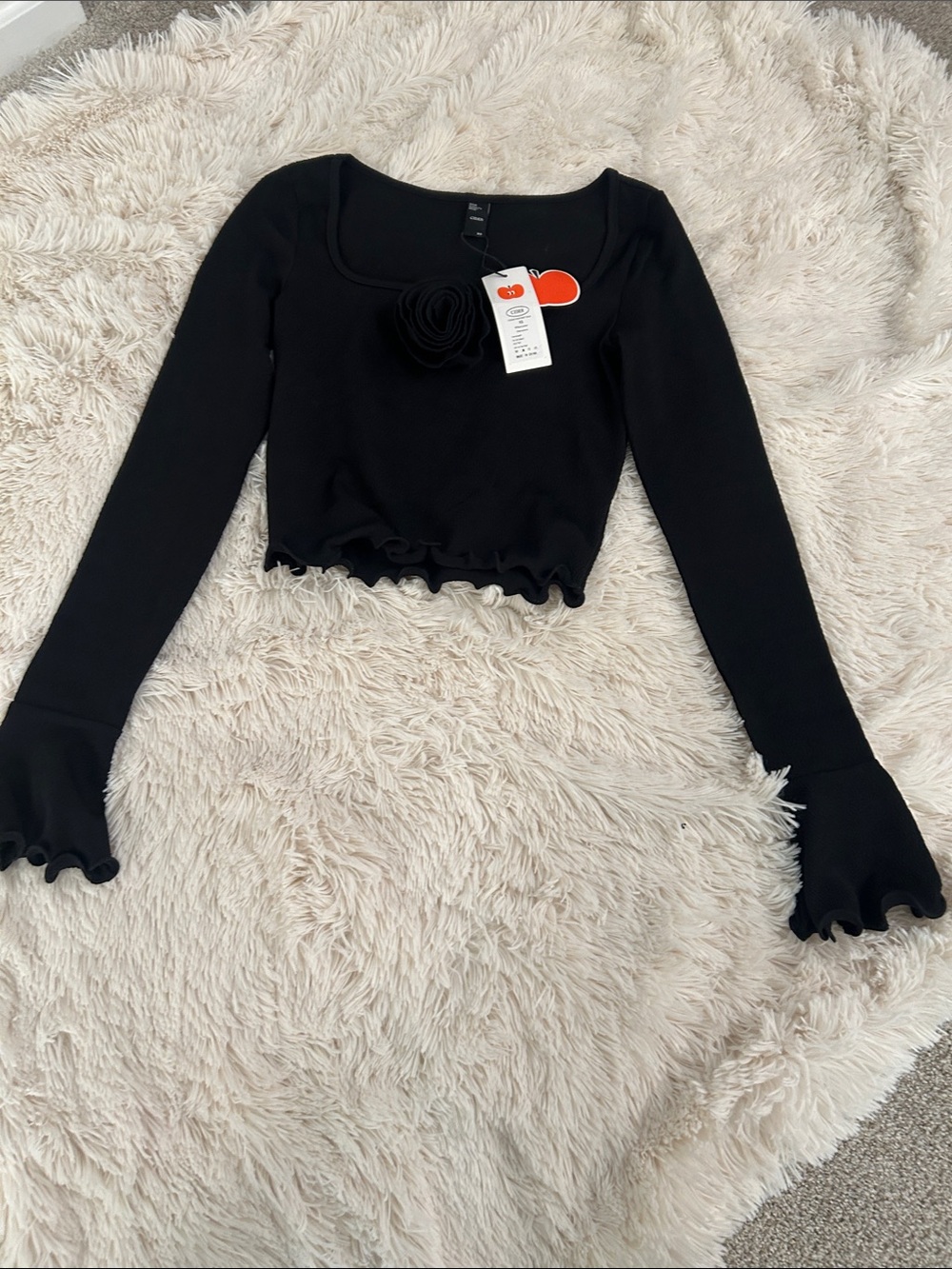 Cider Black Long-Sleeve Ruffle Crop Top with Floral Applique
